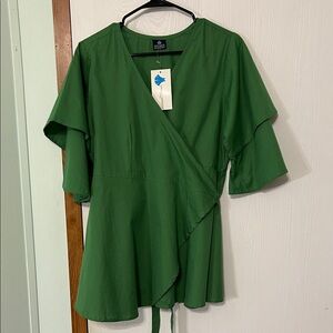 Green Wrap Top With Tiered Sleeves One Size Fits Most